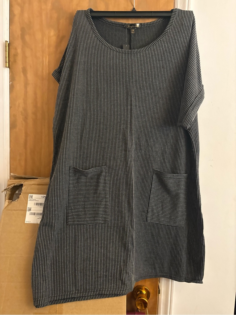 Striped Midi Dress with Front Pockets - Gray